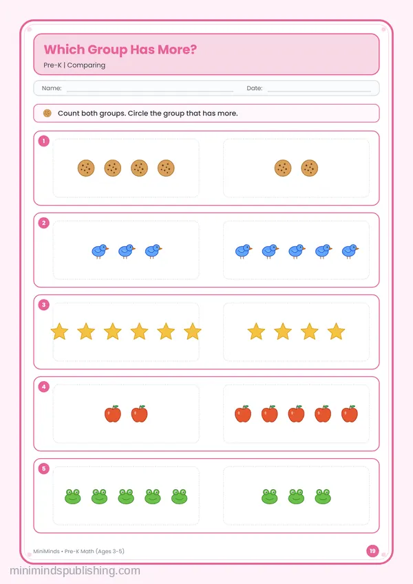 Which Group Has More? — free printable Pre-K math worksheet for ages 3-5
