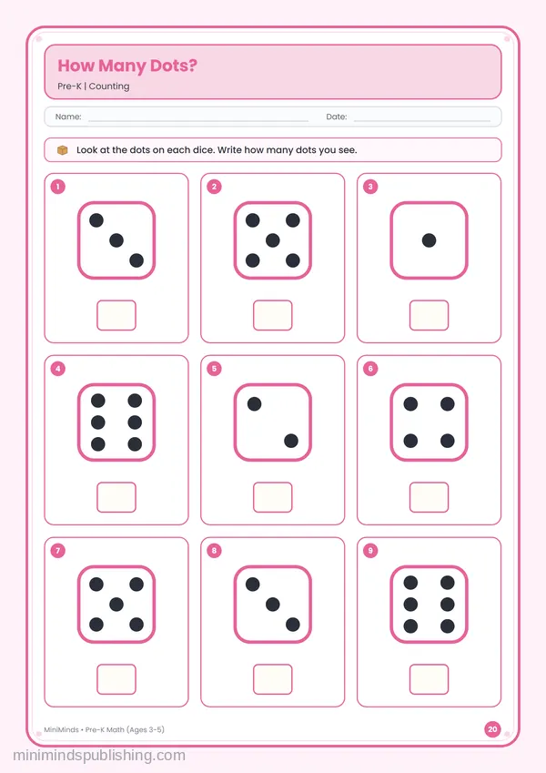 How Many Dots? — free printable Pre-K math worksheet for ages 3-5