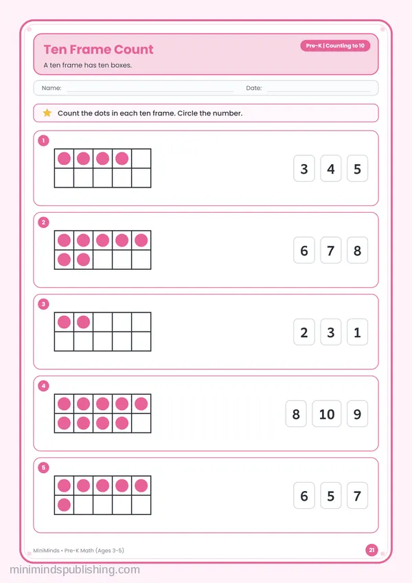 Ten Frame Count — free printable Pre-K math worksheet for ages 3-5