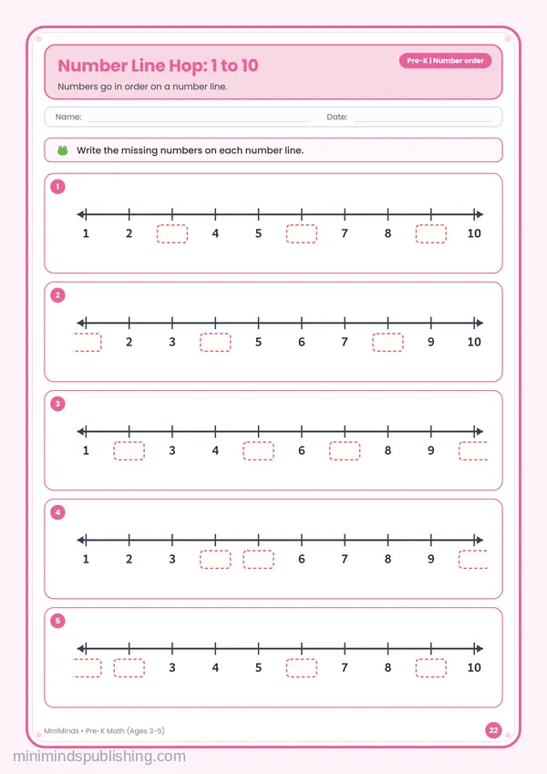 Number Line Hop: 1 to 10 — free printable Pre-K math worksheet for ages 3-5