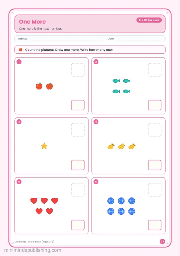 One More — free printable Pre-K math worksheet for ages 3-5