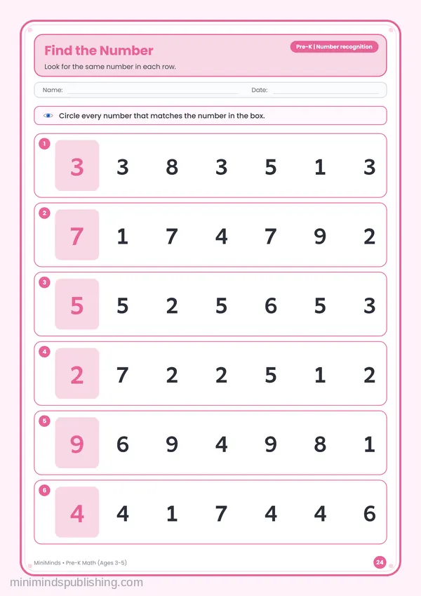 Find the Number — free printable Pre-K math worksheet for ages 3-5