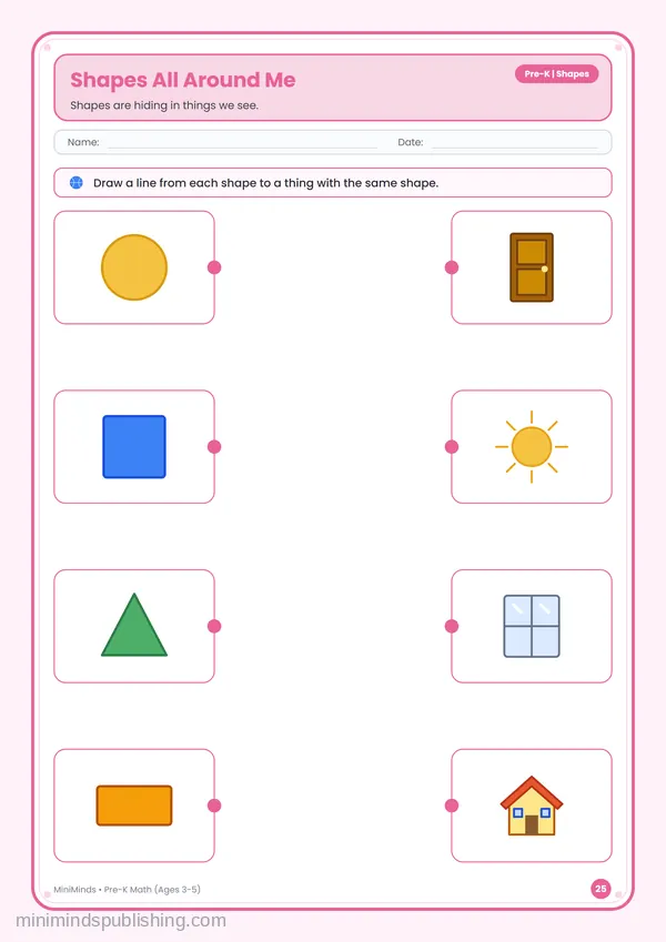 Shapes All Around Me — free printable Pre-K math worksheet for ages 3-5