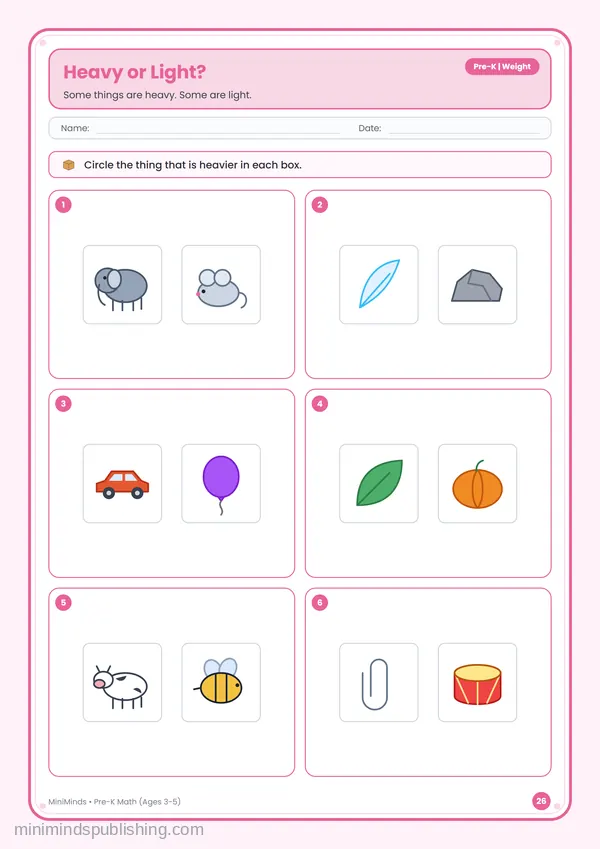 Heavy or Light? — free printable Pre-K math worksheet for ages 3-5