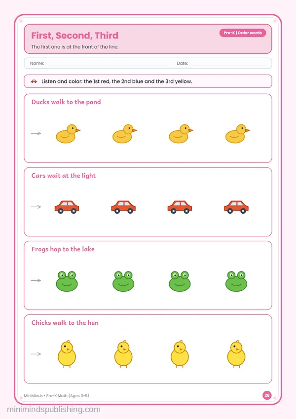 First, Second, Third — free printable Pre-K math worksheet for ages 3-5