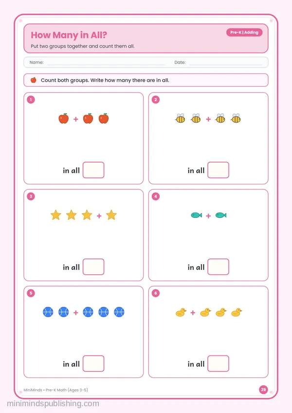How Many in All? — free printable Pre-K math worksheet for ages 3-5
