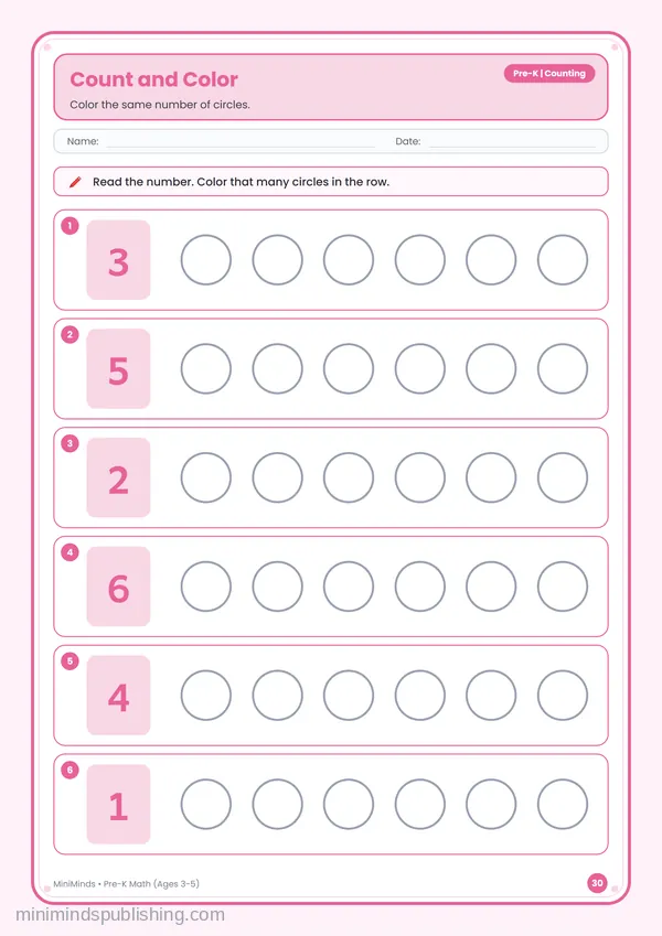 Count and Color — free printable Pre-K math worksheet for ages 3-5