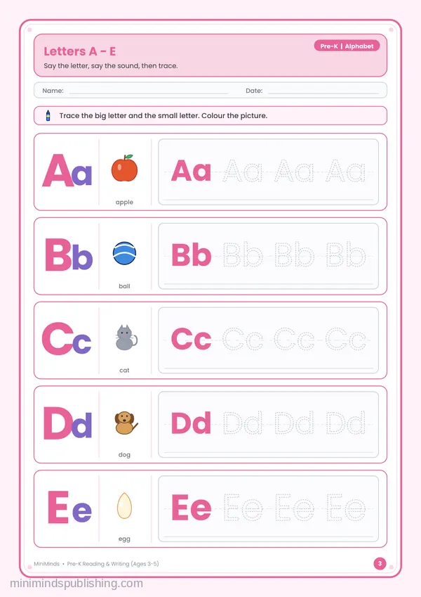Letters A - E — free printable Pre-K reading & writing worksheet for ages 3-5
