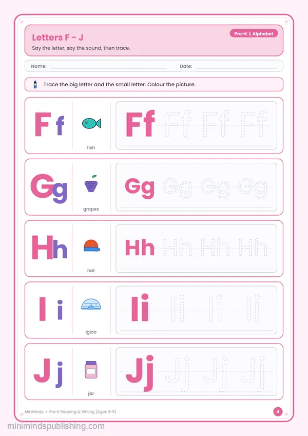Letters F - J — free printable Pre-K reading & writing worksheet for ages 3-5