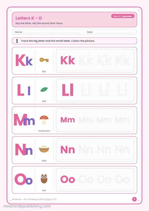 Letters K - O — free printable Pre-K reading & writing worksheet for ages 3-5