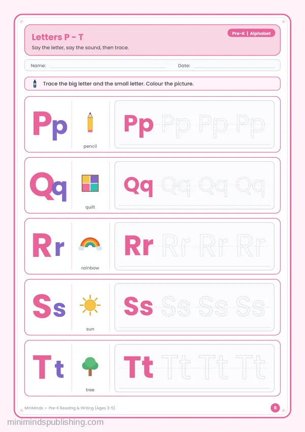 Letters P - T — free printable Pre-K reading & writing worksheet for ages 3-5