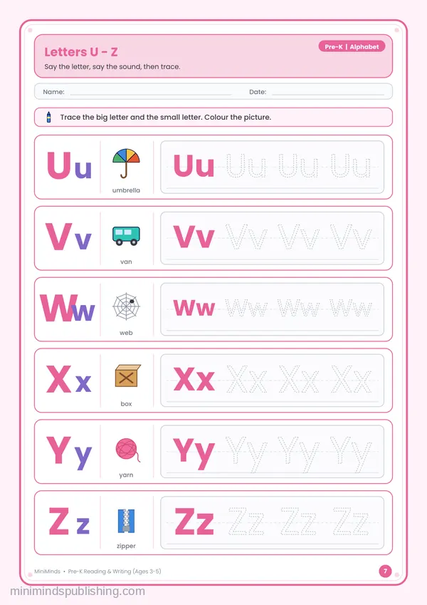 Letters U - Z — free printable Pre-K reading & writing worksheet for ages 3-5