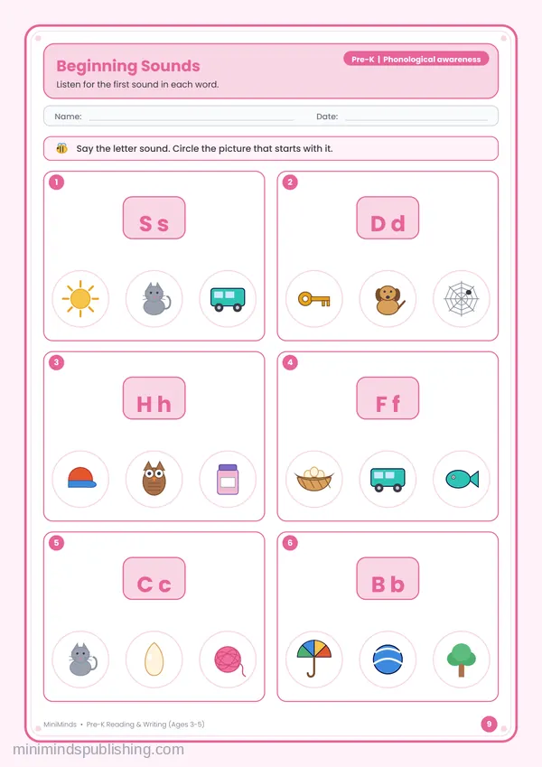 Beginning Sounds — free printable Pre-K reading & writing worksheet for ages 3-5