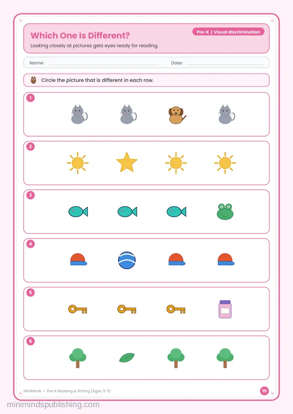 Which One Is Different? — free printable Pre-K reading & writing worksheet for ages 3-5