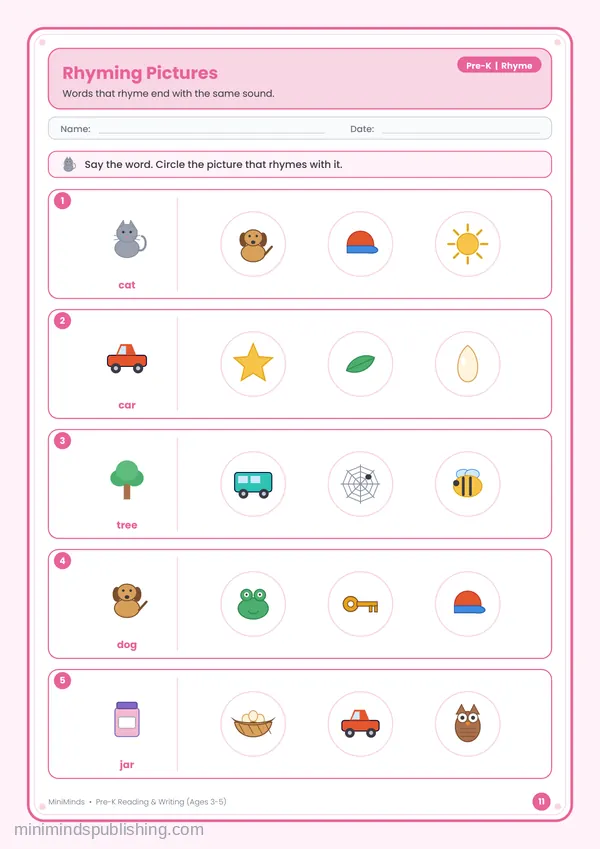 Rhyming Pictures — free printable Pre-K reading & writing worksheet for ages 3-5