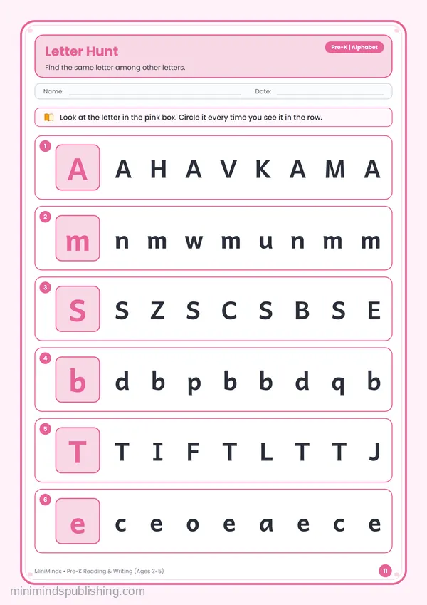Letter Hunt — free printable Pre-K reading & writing worksheet for ages 3-5