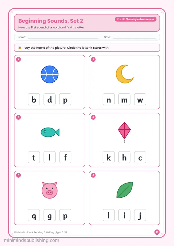 Beginning Sounds, Set 2 — free printable Pre-K reading & writing worksheet for ages 3-5