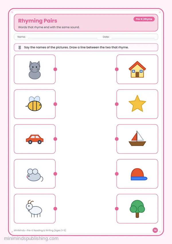 Rhyming Pairs — free printable Pre-K reading & writing worksheet for ages 3-5