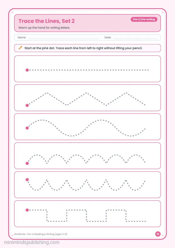 Trace the Lines, Set 2 — free printable Pre-K reading & writing worksheet for ages 3-5