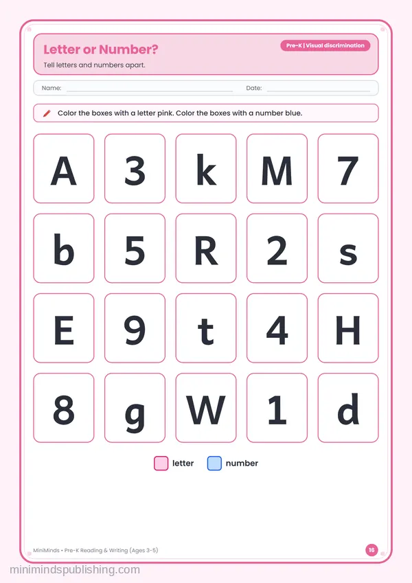 Letter or Number? — free printable Pre-K reading & writing worksheet for ages 3-5