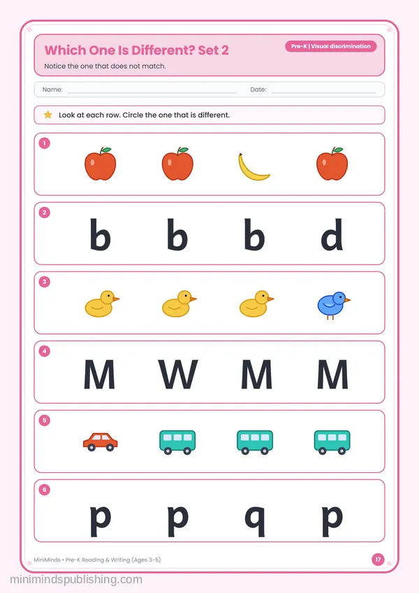 Which One Is Different? Set 2 — free printable Pre-K reading & writing worksheet for ages 3-5