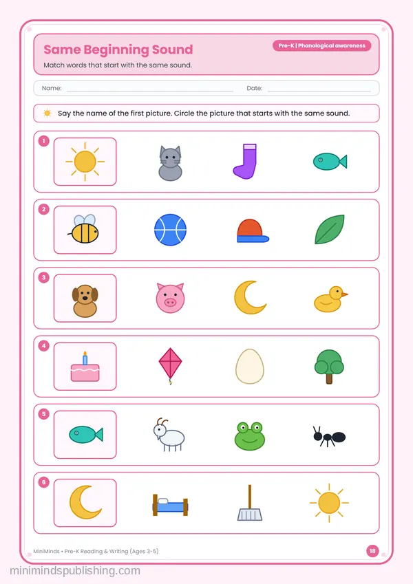 Same Beginning Sound — free printable Pre-K reading & writing worksheet for ages 3-5