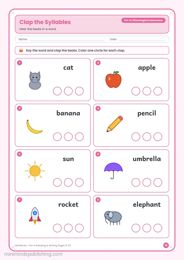 Clap the Syllables — free printable Pre-K reading & writing worksheet for ages 3-5