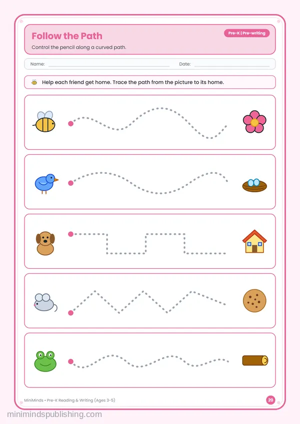 Follow the Path — free printable Pre-K reading & writing worksheet for ages 3-5