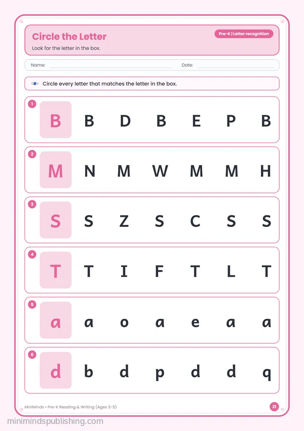Circle the Letter — free printable Pre-K reading & writing worksheet for ages 3-5