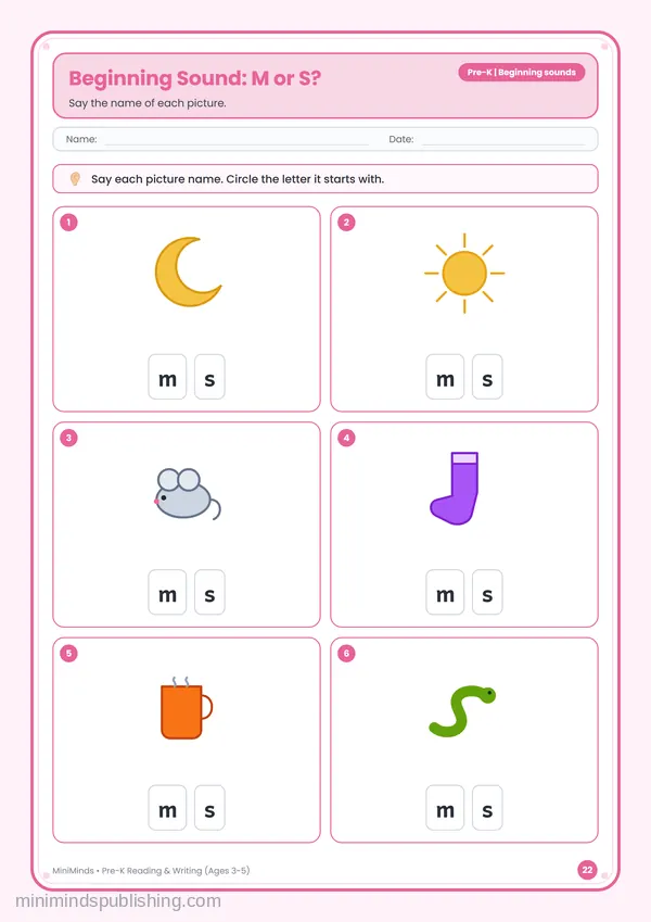 Beginning Sound: M or S? — free printable Pre-K reading & writing worksheet for ages 3-5