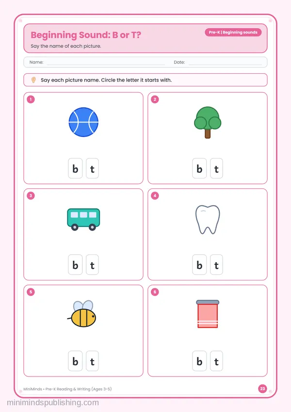 Beginning Sound: B or T? — free printable Pre-K reading & writing worksheet for ages 3-5