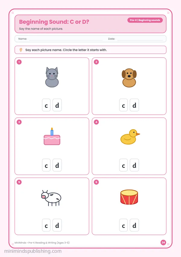 Beginning Sound: C or D? — free printable Pre-K reading & writing worksheet for ages 3-5