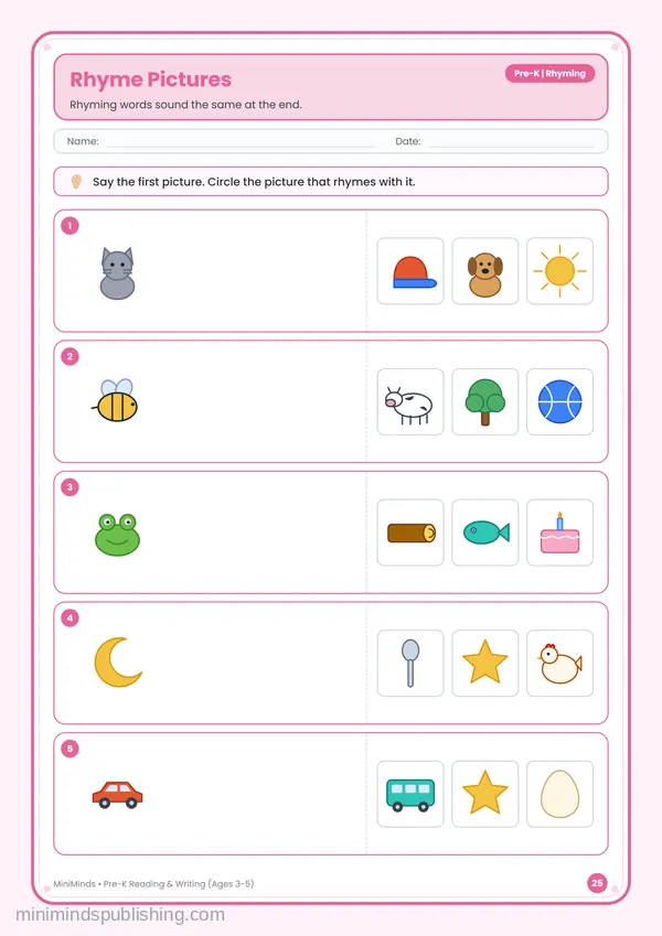 Rhyme Pictures — free printable Pre-K reading & writing worksheet for ages 3-5