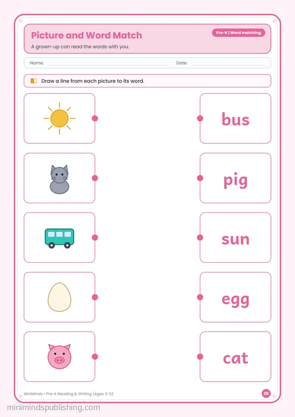 Picture and Word Match — free printable Pre-K reading & writing worksheet for ages 3-5