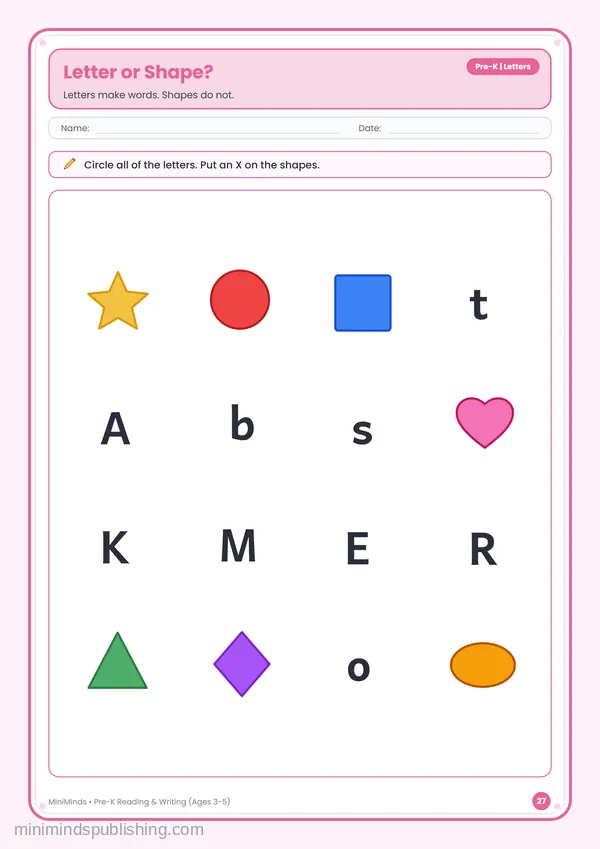 Letter or Shape? — free printable Pre-K reading & writing worksheet for ages 3-5