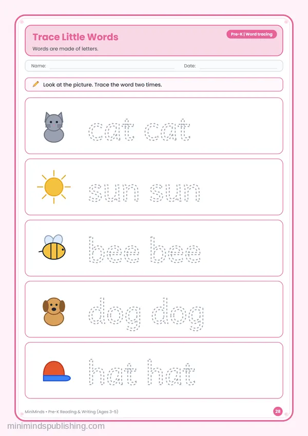 Trace Little Words — free printable Pre-K reading & writing worksheet for ages 3-5
