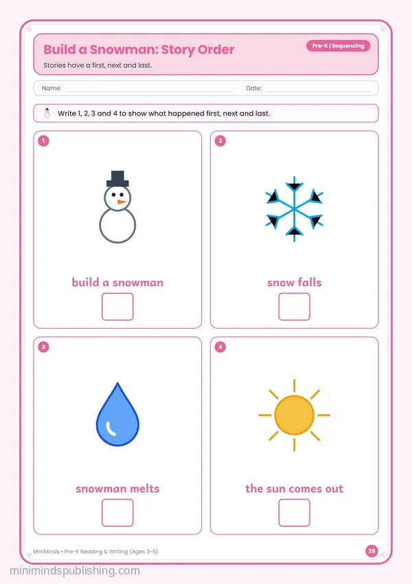 Build a Snowman: Story Order — free printable Pre-K reading & writing worksheet for ages 3-5