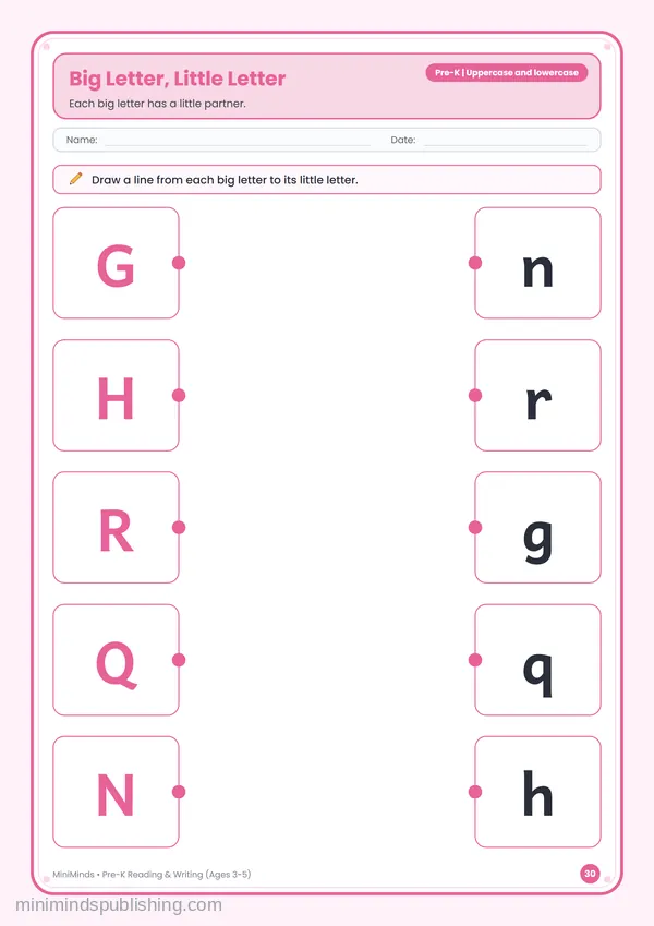 Big Letter, Little Letter — free printable Pre-K reading & writing worksheet for ages 3-5