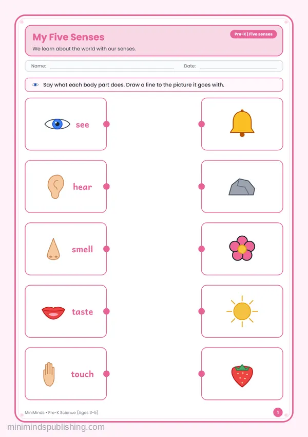 My Five Senses — free printable Pre-K worksheet