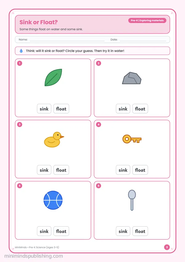 Sink or Float? — free printable Pre-K worksheet