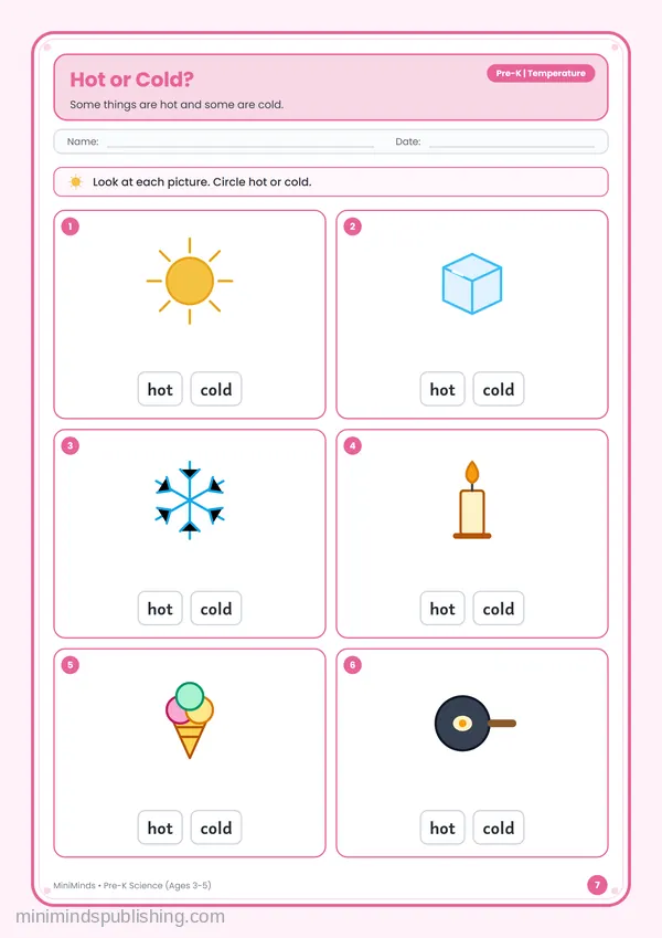 Hot or Cold? — free printable Pre-K worksheet