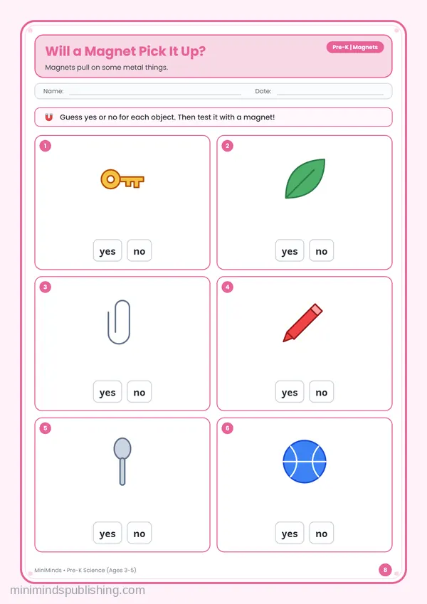 Will a Magnet Pick It Up? — free printable Pre-K worksheet