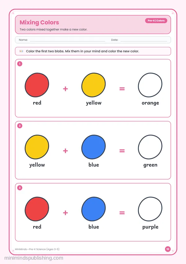 Mixing Colors — free printable Pre-K worksheet