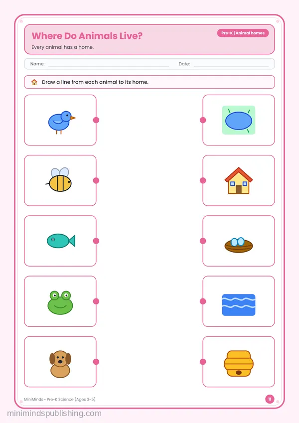 Where Do Animals Live? — free printable Pre-K worksheet