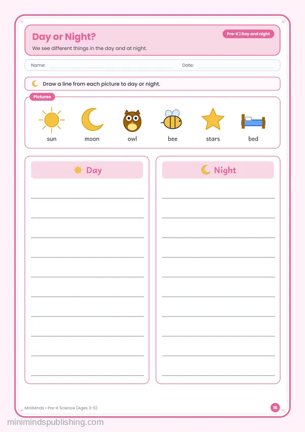 Day or Night? — free printable Pre-K worksheet