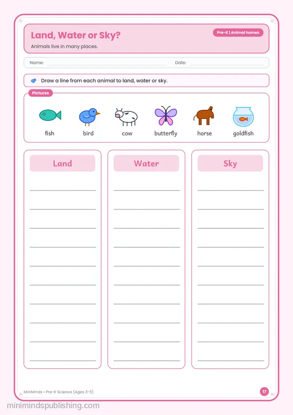 Land, Water or Sky? — free printable Pre-K worksheet