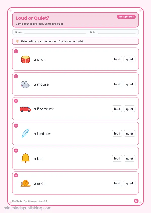 Loud or Quiet? — free printable Pre-K worksheet