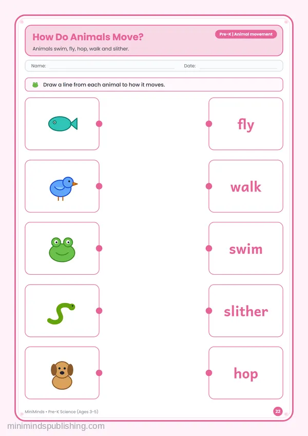 How Do Animals Move? — free printable Pre-K worksheet