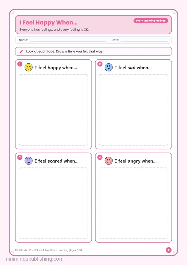 I Feel Happy When… — free printable Pre-K worksheet