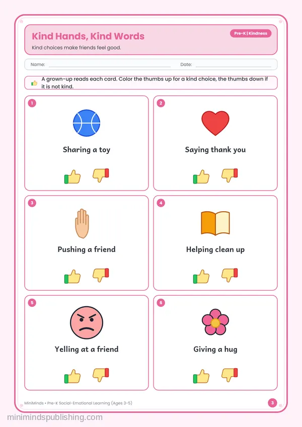 Kind Hands, Kind Words — free printable Pre-K worksheet